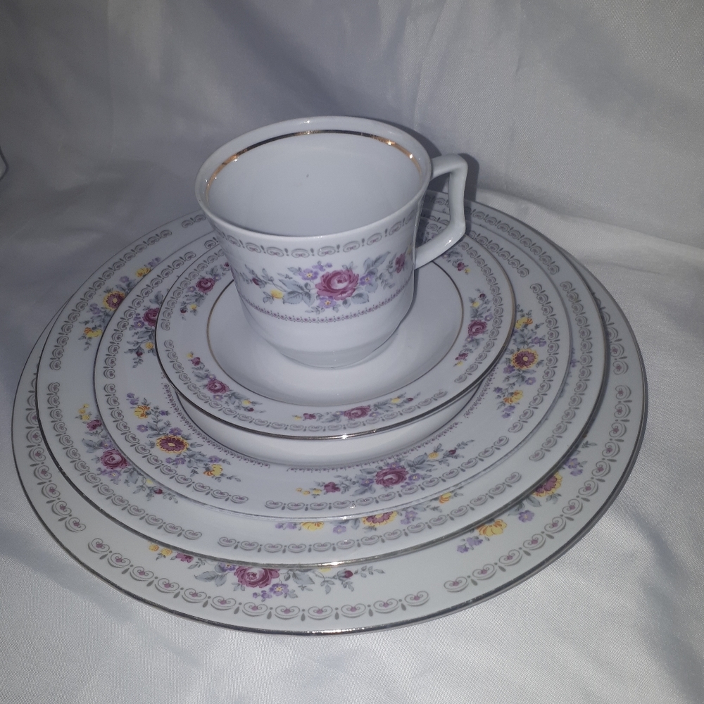 German Dinnerware Set - White and Pink Floral Vintage